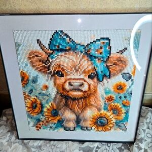 Diamond Art 12 X 12 Cream " Lulu" Highland Cow Painting with Blue Bow Painting